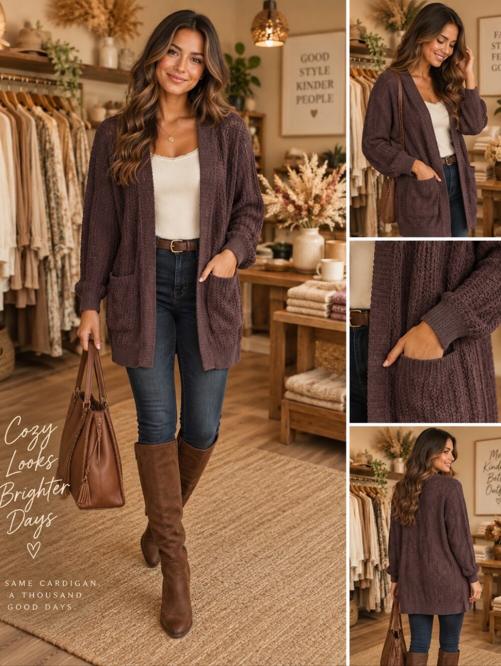 Cozy Open-Front Brown Knit Cardigan with Pockets